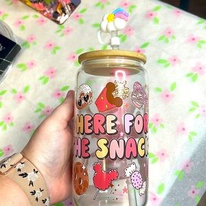 16 oz pink iridescent glass cup tumbler with straw, bamboo lid.